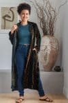 Womens, Odessa Silk Velvet Coat, hand block print, full body length with pockets. Jewel