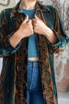 Womens, Odessa Silk Velvet Coat, hand block print, full body length with pockets. Jewel