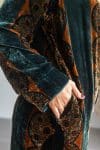 Womens, Odessa Silk Velvet Coat, hand block print, full body length with pockets. Jewel