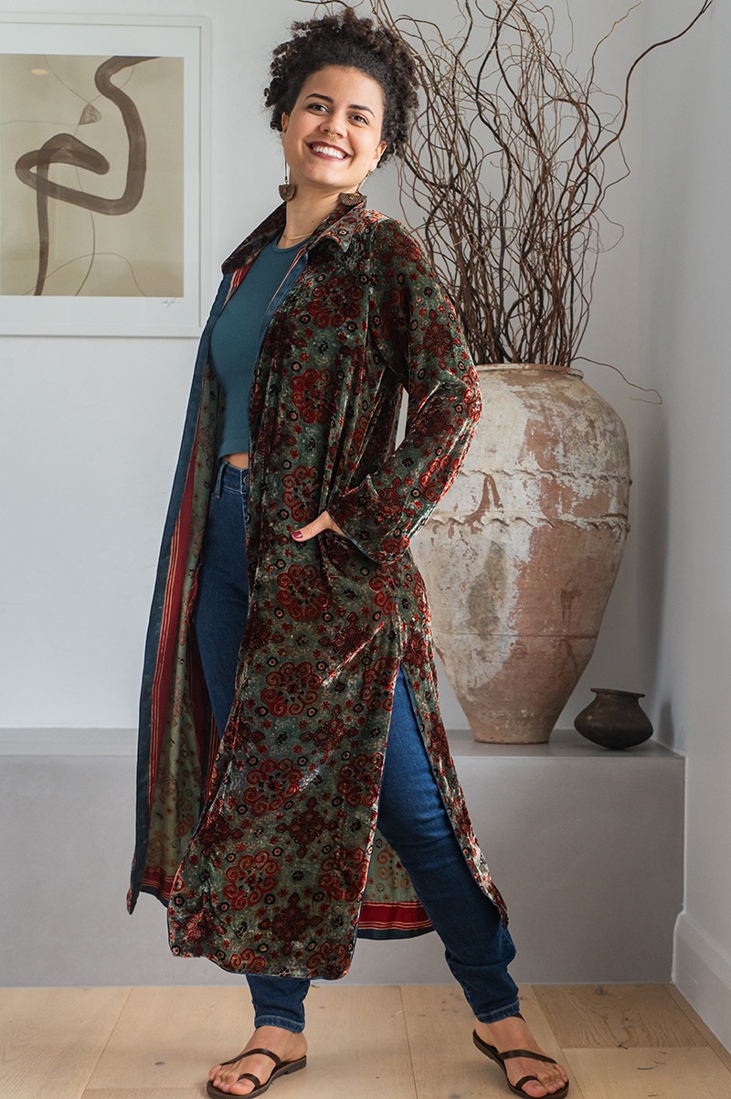 Womens, Odessa Silk Velvet Coat, hand block print, full body length with pockets, in Kashi