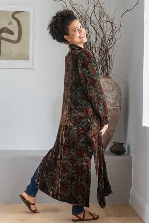 Womens, Odessa Silk Velvet Coat, hand block print, full body length with pockets, in Kashi