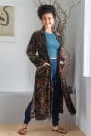 Womens, Odessa Silk Velvet Coat, hand block print, full body length with pockets, in Kashi