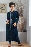 Womens, Odessa Silk Velvet Coat, hand block print, full body length with pockets, in Blue Luna