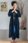 Womens, Odessa Silk Velvet Coat, hand block print, full body length with pockets, in Blue Luna