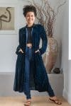 Womens, Odessa Silk Velvet Coat, hand block print, full body length with pockets, in Blue Luna