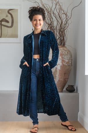 Womens, Odessa Silk Velvet Coat, hand block print, full body length with pockets, in Blue Luna