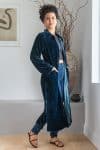 Womens, Odessa Silk Velvet Coat, hand block print, full body length with pockets, in Blue Luna