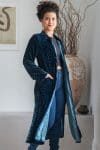 Womens, Odessa Silk Velvet Coat, hand block print, full body length with pockets, in Blue Luna