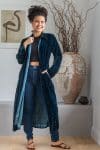 Womens, Odessa Silk Velvet Coat, hand block print, full body length with pockets, in Blue Luna