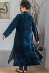 Womens, Odessa Silk Velvet Coat, hand block print, full body length with pockets, in Blue Luna