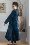 Womens, Odessa Silk Velvet Coat, hand block print, full body length with pockets, in Blue Luna