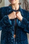 Womens, Odessa Silk Velvet Coat, hand block print, full body length with pockets, in Blue Luna