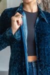 Womens, Odessa Silk Velvet Coat, hand block print, full body length with pockets, in Blue Luna
