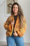 Womens Vintage Nomad Kantha Classic Jacket handmade from 100% cotton recycled fabrics in golden check Eka
