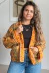 Womens Vintage Nomad Kantha Classic Jacket handmade from 100% cotton recycled fabrics in golden check Eka