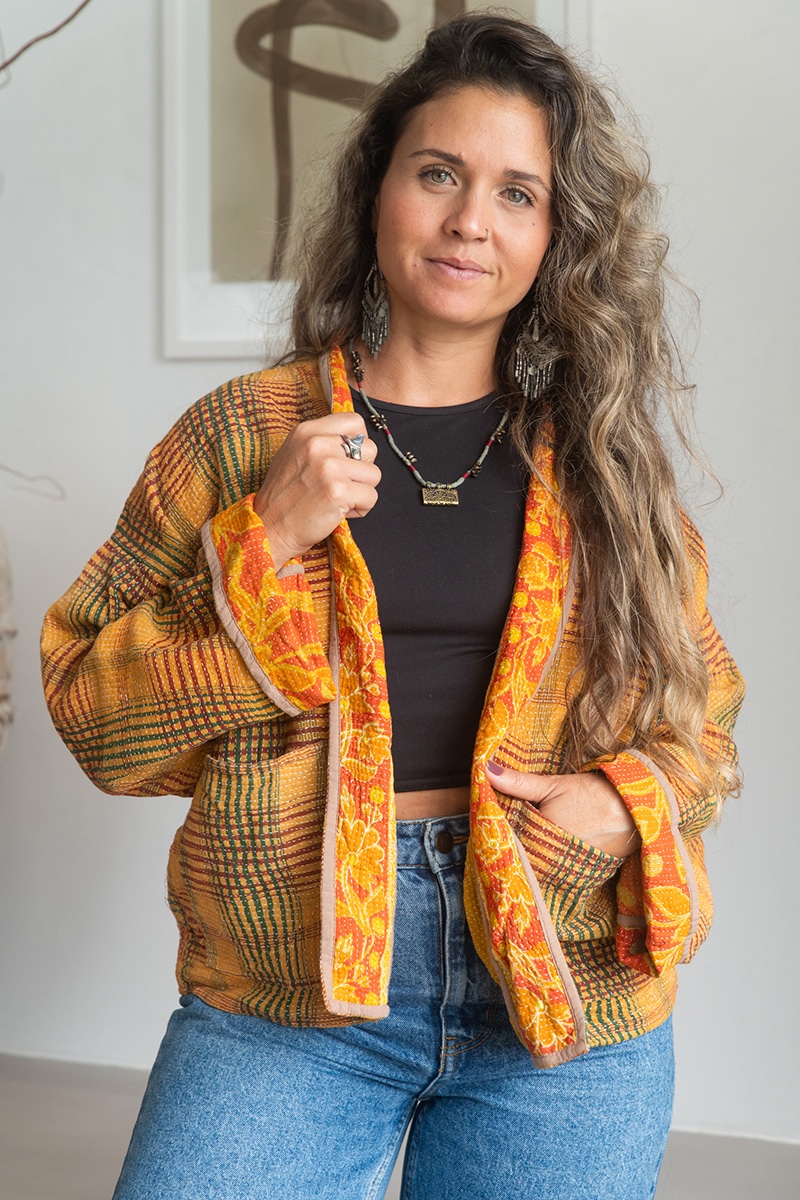 Womens Vintage Nomad Kantha Classic Jacket handmade from 100% cotton recycled fabrics in golden check Eka
