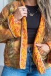 Womens Vintage Nomad Kantha Classic Jacket handmade from 100% cotton recycled fabrics in golden check Eka