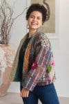 Womens Nomad Kantha Jacket, Wild Threads, with traditional Suzani embroidery, handmade from recycled Vintage Kantha’s. Maroon and Green floral - Fira
