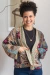 Womens Nomad Kantha Jacket, Wild Threads, with traditional Suzani embroidery, handmade from recycled Vintage Kantha’s. Maroon and Green floral - Fira
