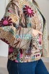 Womens Nomad Kantha Jacket, Wild Threads, with traditional Suzani embroidery, handmade from recycled Vintage Kantha’s. Maroon and Green floral - Fira