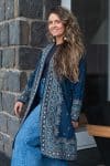 Womens Persian Luxe Coat, hand embroidered, blue Sapphire