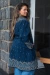 Womens Persian Luxe Coat, hand embroidered, blue Sapphire