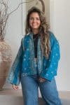 Womens Vintage Nomad Kantha Classic Jacket handmade from 100% cotton recycled fabrics in blue Nyssa