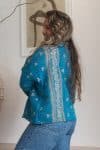 Womens Vintage Nomad Kantha Classic Jacket handmade from 100% cotton recycled fabrics in blue Nyssa