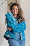 Womens Vintage Nomad Kantha Classic Jacket handmade from 100% cotton recycled fabrics in blue Nyssa