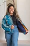 Womens Vintage Nomad Kantha Classic Jacket handmade from 100% cotton recycled fabrics in blue Nyssa