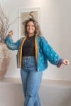 Womens Vintage Nomad Kantha Classic Jacket handmade from 100% cotton recycled fabrics in blue Nyssa