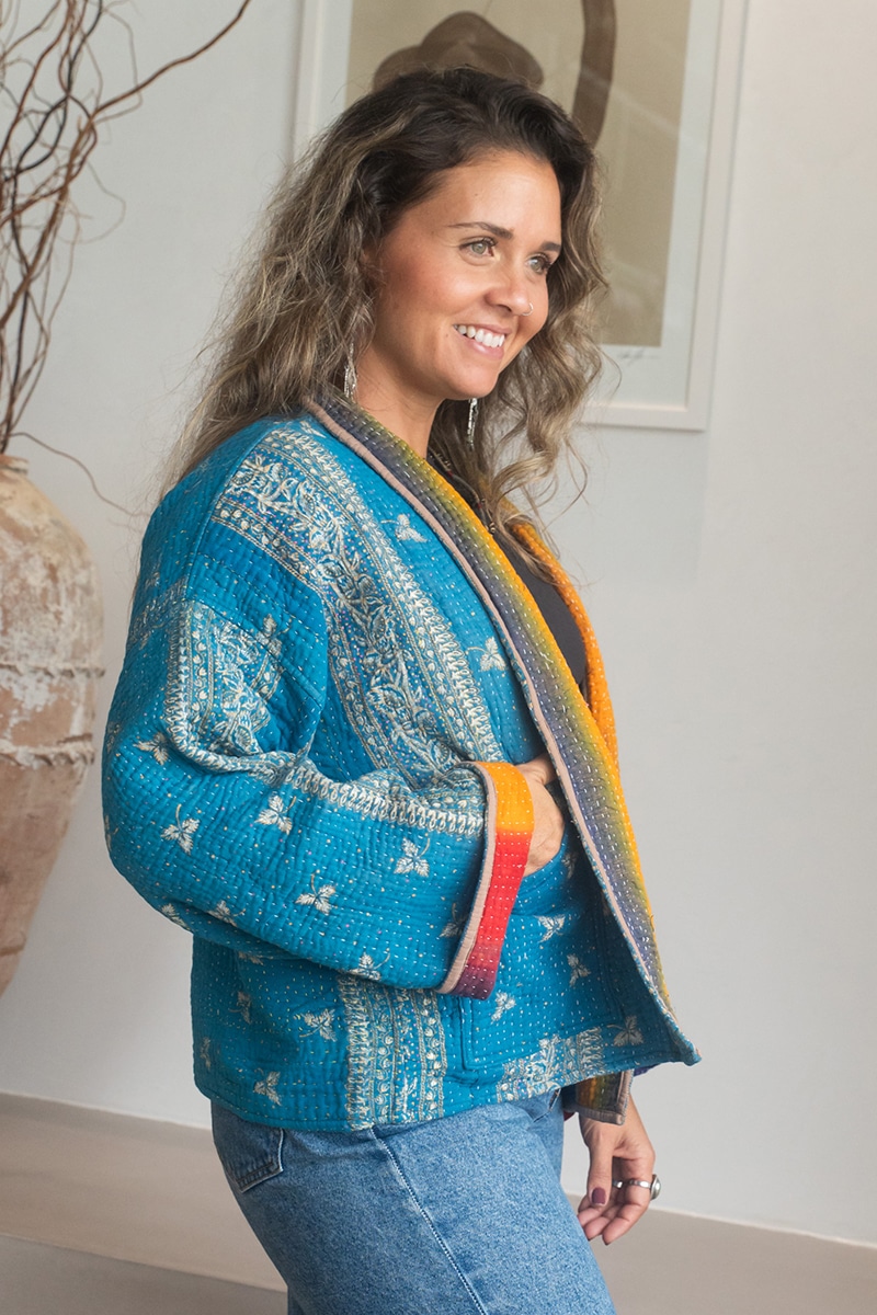 Womens Vintage Nomad Kantha Classic Jacket handmade from 100% cotton recycled fabrics in blue Nyssa