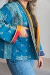 Womens Vintage Nomad Kantha Classic Jacket handmade from 100% cotton recycled fabrics in blue Nyssa