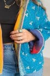 Womens Vintage Nomad Kantha Classic Jacket handmade from 100% cotton recycled fabrics in blue Nyssa