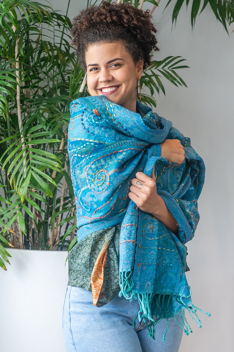 Womens Poet Scarf, boiled wool features hand embroidery. Blue Sky