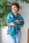 Womens Poet Scarf, boiled wool features hand embroidery. Blue Sky