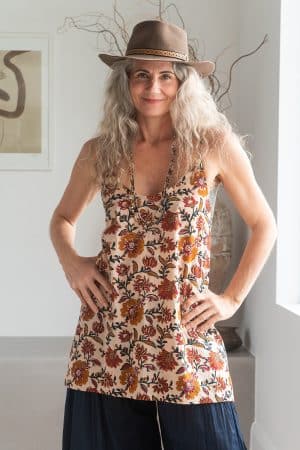 Womens, long Singlet Top, 100% cotton, hand block print, Autumn.
