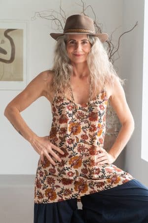 Womens, long Singlet Top, 100% cotton, hand block print, Autumn.