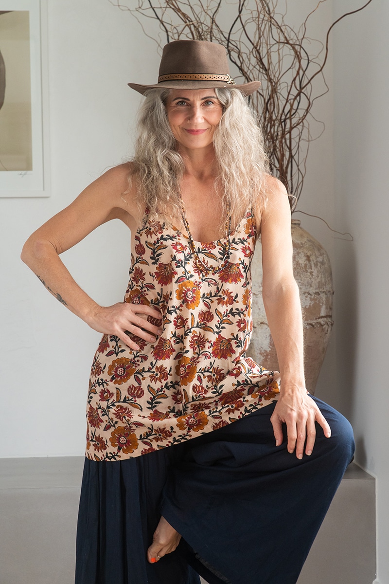 Womens, long Singlet Top, 100% cotton, hand block print, Autumn.