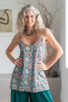 Womens, long Singlet Top, 100% cotton, hand block print, Celeste blue