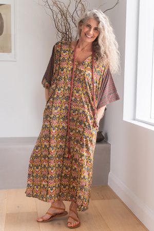 Womens, Satori Dress, Maxi, 100% Cotton, hand block print, in Karashi Floral