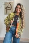 Womens Vintage Nomad Kantha Classic Jacket handmade from 100% cotton recycled fabrics in Green Freya