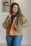 Womens Vintage Nomad Kantha Classic Jacket handmade from 100% cotton recycled fabrics in Green Freya