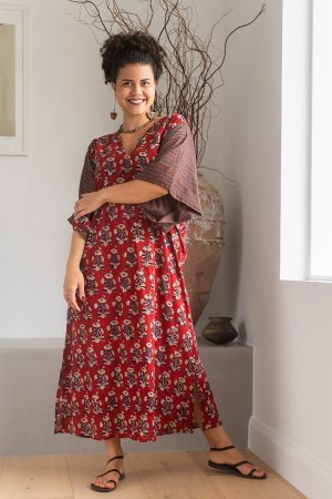 Womens, Satori Dress, Maxi, 100% Cotton, hand block print, in vibrant red Pimento
