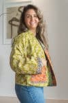 Womens Vintage Nomad Kantha Classic Jacket handmade from 100% cotton recycled fabrics in Green Freya