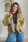 Womens Vintage Nomad Kantha Classic Jacket handmade from 100% cotton recycled fabrics in Green Freya