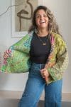 Womens Vintage Nomad Kantha Classic Jacket handmade from 100% cotton recycled fabrics in Green Freya