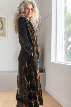 Womens, Odessa Silk Velvet Coat, hand block print, full body length with pockets. Jewel