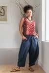 Womens Sol Pants, 100% cotton, hand stitched panels, shin/ankle length, drawstring waist and pockets. Boho Blue