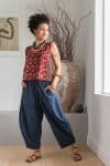 Womens Sol Pants, 100% cotton, hand stitched panels, shin/ankle length, drawstring waist and pockets. Boho Blue